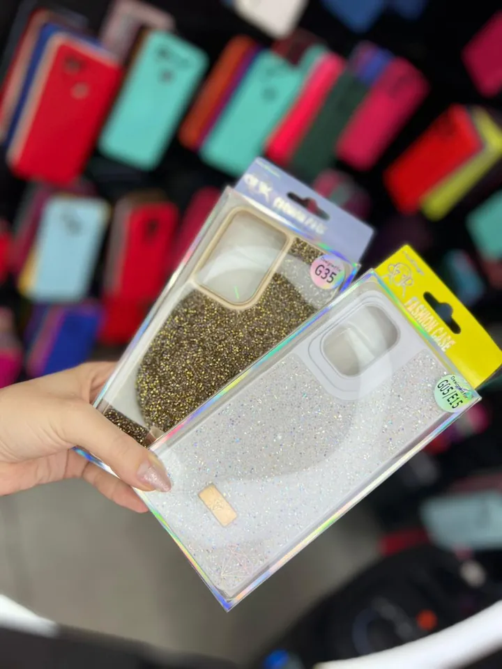 Capas com glitter na embalagem